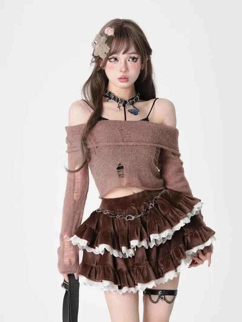Brown Corduroy Cake Skirt Autumn-Winter Korean Style Girls