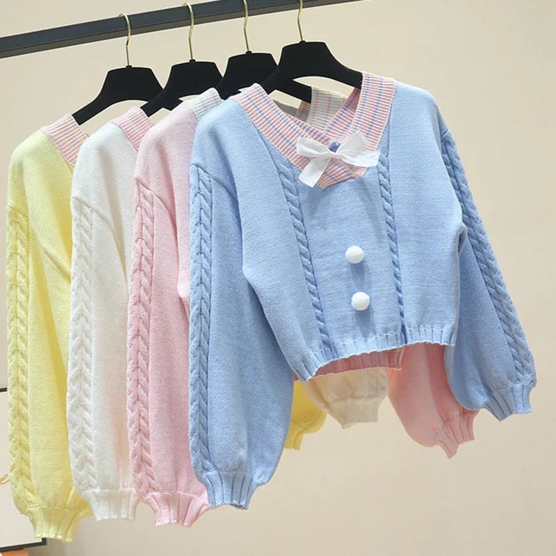 Sweet Autumn Lantern Sleeve V Neck Pullovers Wild Knitted - Vusy Kawaii Shop