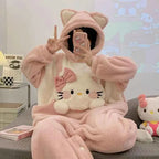 Kawaii Hello Kittys Cute Siamese Pajamas Women Coral Velvet Autumn Winter Sanrioed Sweet Thickened Warm Flannel Home Clothes