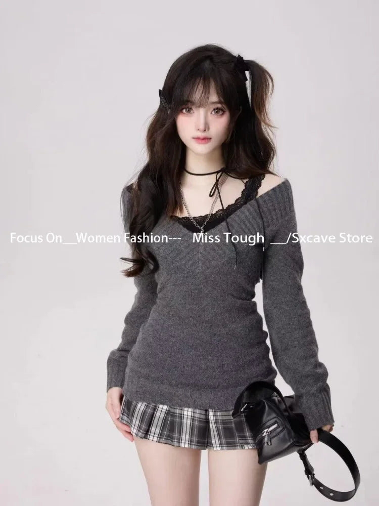 Knitted Suits Autumn Winter Woman V-Neck French Vintage Long - Vusy Kawaii Shop