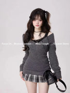 Knitted Suits Autumn Winter Woman V-Neck French Vintage Long - Vusy Kawaii Shop