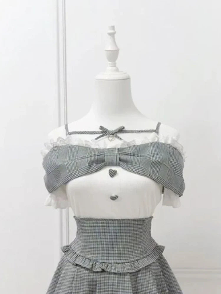 Coquette Plaid Crop Top and Mini Skirt Set flat lay