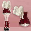 Red Velvet Dress and White Bow Sweater Set