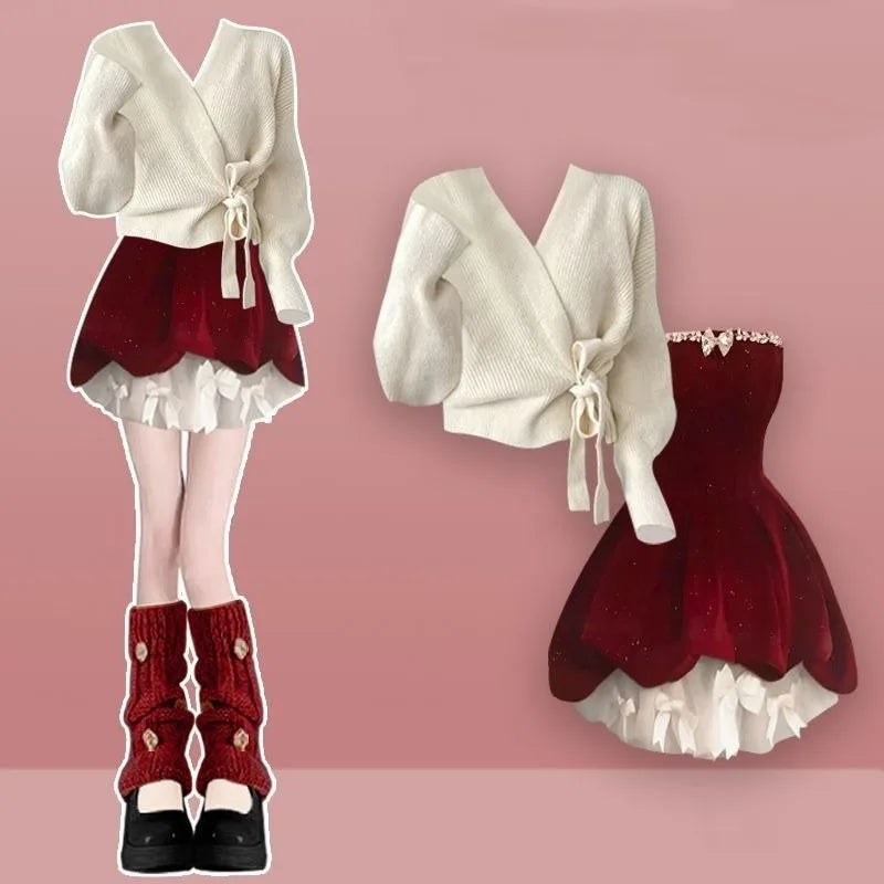 Red velvet dress with white bow sweater, product photo 6