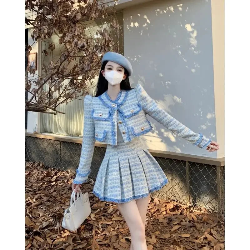 Small Fragrance Blue Tweed Coat Elegant Pink Tassel Jacket - Vusy Kawaii Shop