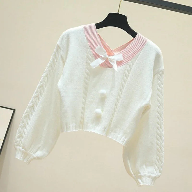 Sweet Autumn Lantern Sleeve V Neck Pullovers Wild Knitted - Vusy Kawaii Shop