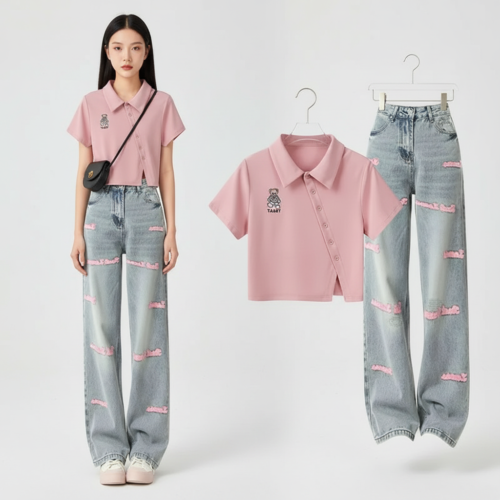 Summer Embroidered Denim Pants Matching Set Korean Elegant - Vusy Kawaii Shop