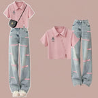 Summer Embroidered Denim Pants Matching Set Korean Elegant - Vusy Kawaii Shop