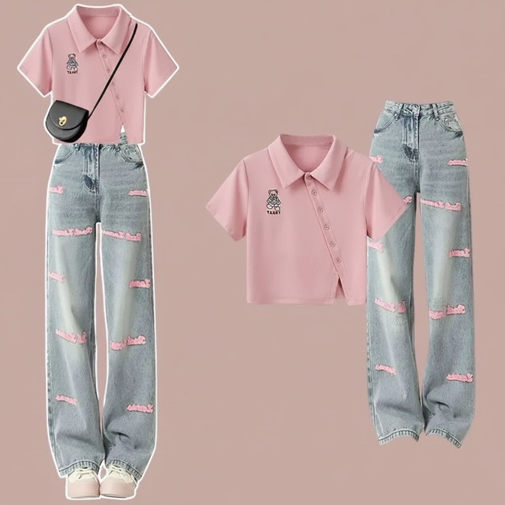 Summer Embroidered Denim Pants Matching Set Korean Elegant - Vusy Kawaii Shop