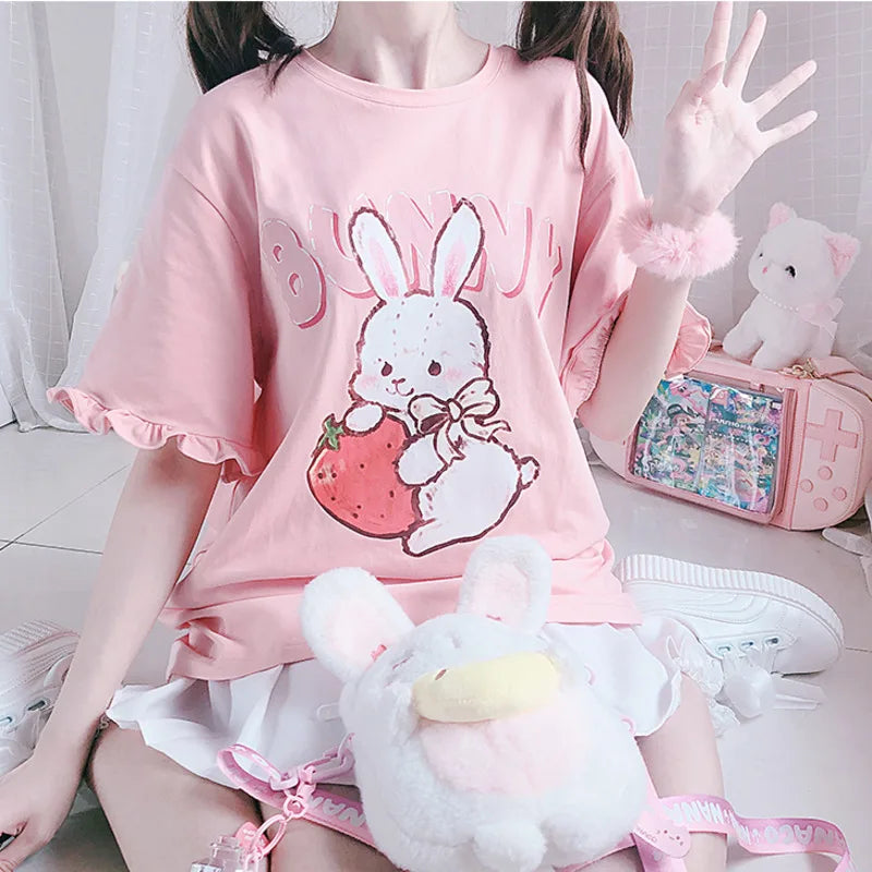 Summer Women Cute Lolita Pink T-Shirts Cartoon Strawberry - Vusy Kawaii Shop