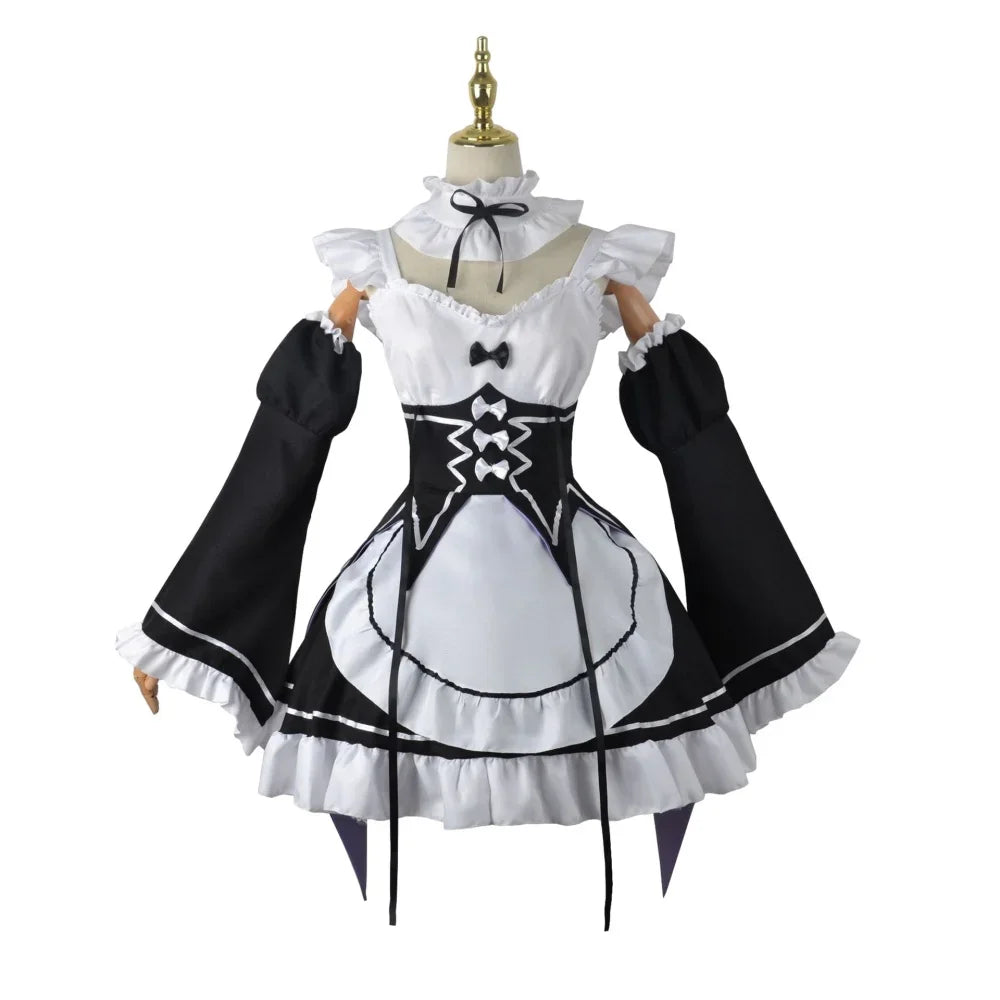 Ruffled collar and bow detail of black and white maid dress