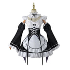 Ruffled collar and bow detail of black and white maid dress