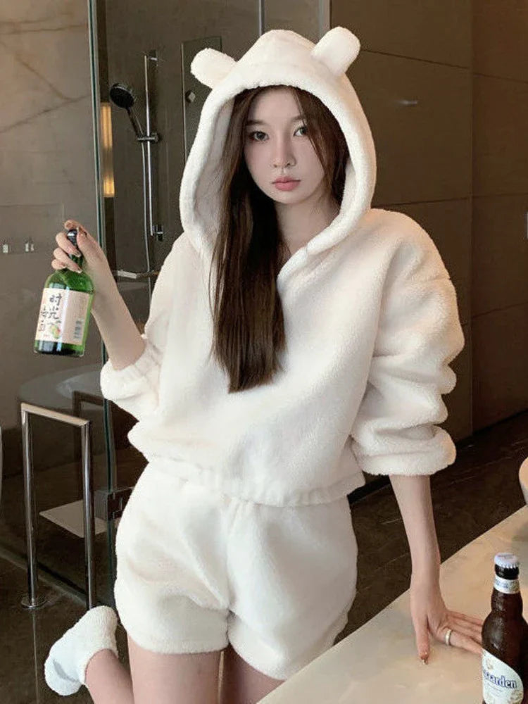 Kawaii Two Pieces Set Women Crop Hoodies and Mini Shorts - Vusy Kawaii Shop