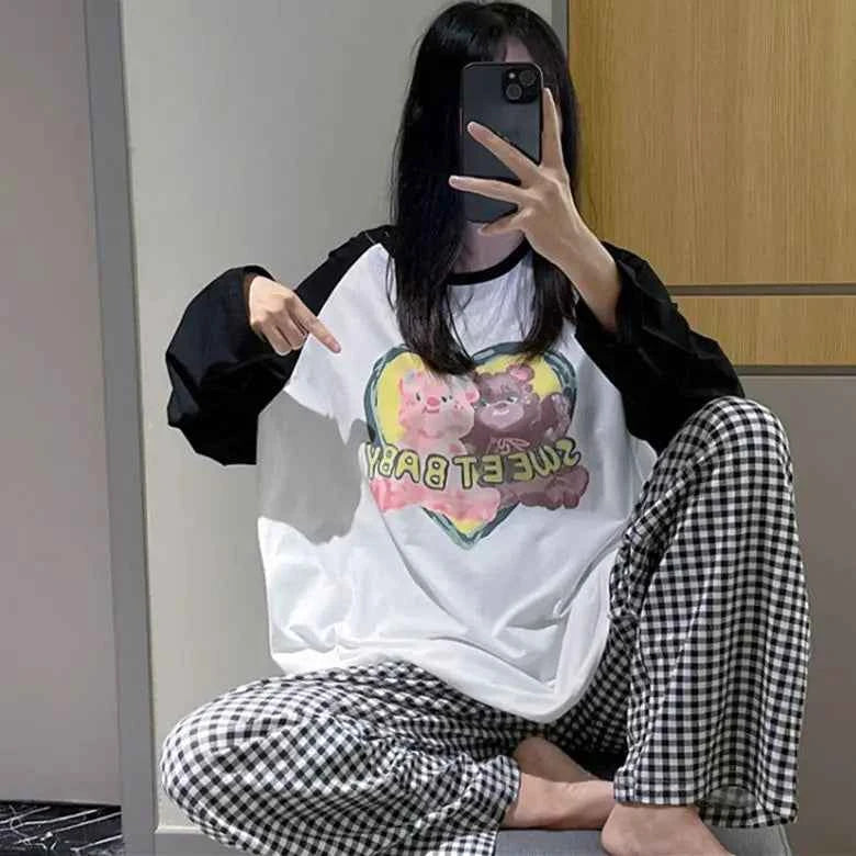 Kawaii Sanrios Hello Kittys Women's Pajamas Set Spring Autumn Anime Cartoon Student Long Sleeved Pants 2Pcs Girls Nightwear Gift