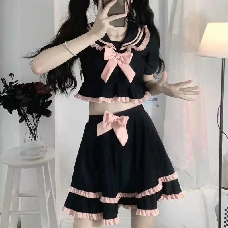 Japanese Sweet Sailor Collar Short Sleeve JK Shirt with Bow - Vusy Kawaii Shop