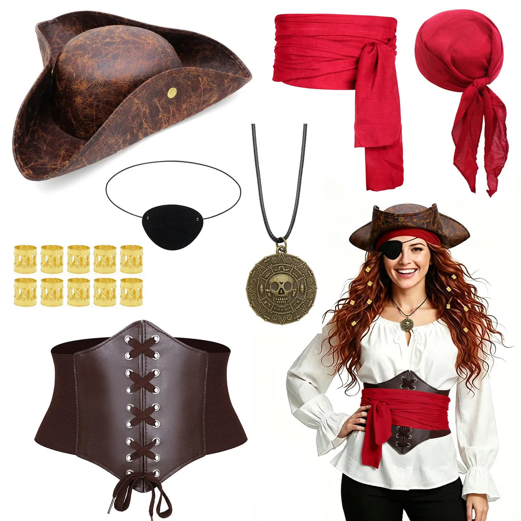 Red pirate accessory set flat lay with model wearing the costume