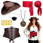 Red pirate accessory set flat lay with model wearing the costume
