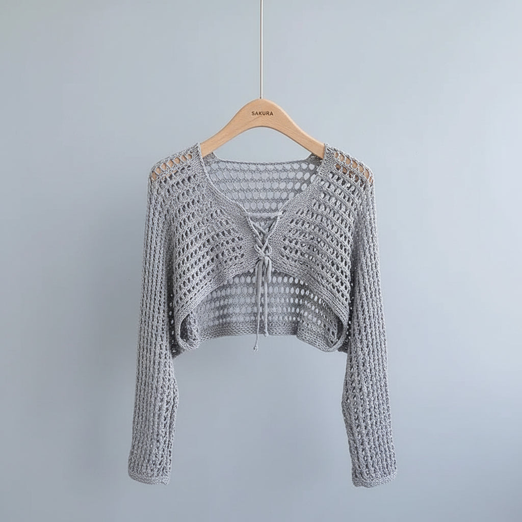 Crochet Crop Cardigan Women Long Sleeve Lace-Up Tie Front - Vusy Kawaii Shop