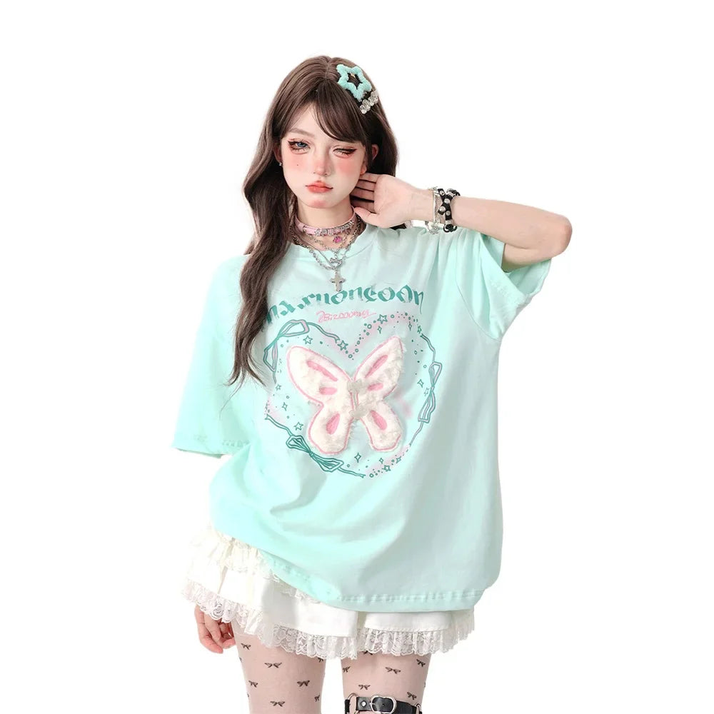 Oversized Shoulder Short Sleeved Personalized T-Shirt Women - Vusy Kawaii Shop