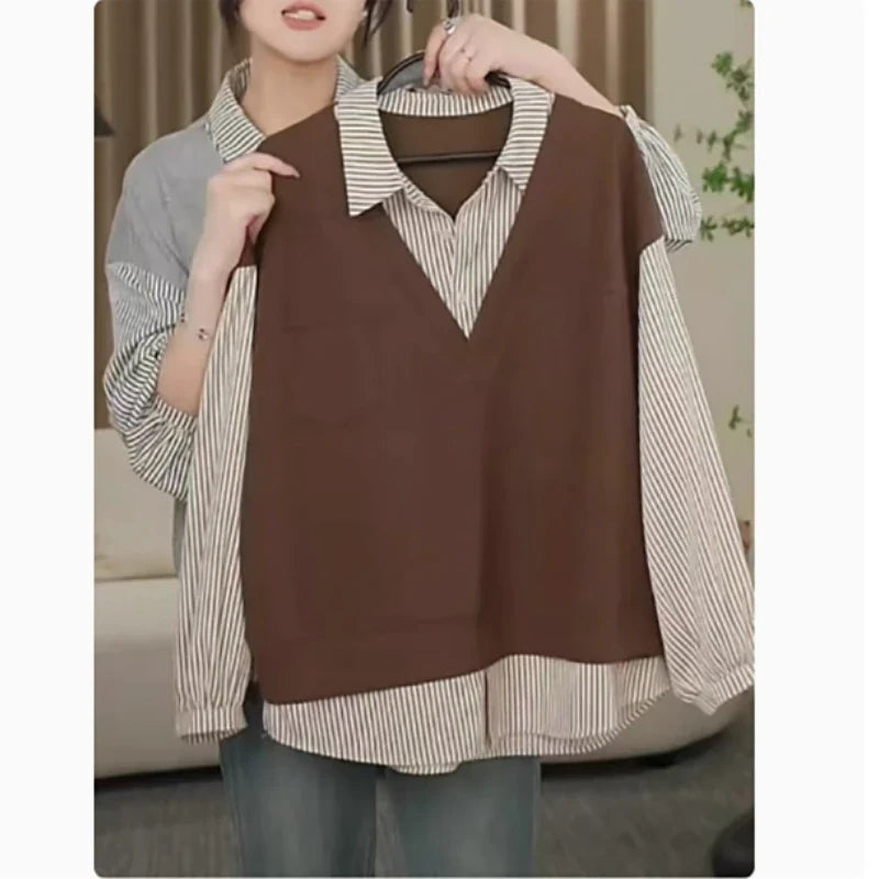 Brown Knit Vest Striped Shirt and Cargo Pants Set, model holding brown knit vest layered over striped shirt
