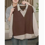 Brown Knit Vest Striped Shirt and Cargo Pants Set, model holding brown knit vest layered over striped shirt