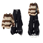 Brown Striped Sweater and Black Cargo Pants Set, brown striped fuzzy sweater with black cargo pants, model styling and flat lay