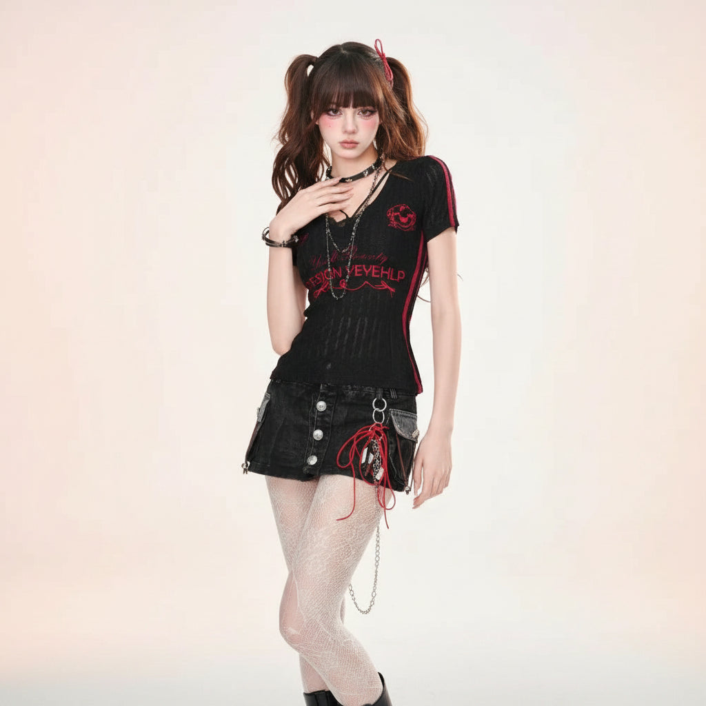 Short Sleeve Tee Summer Clothes Slim Top Coquette Lace See - Vusy Kawaii Shop