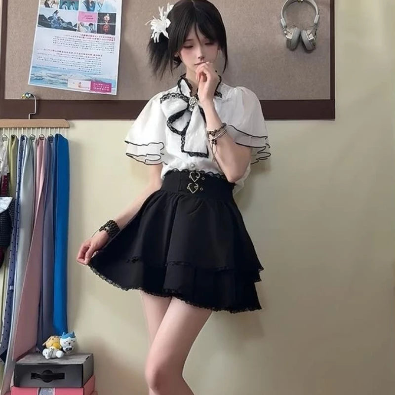 Women's Sweet Y2K Bow Blouse & Mini Skirt Set