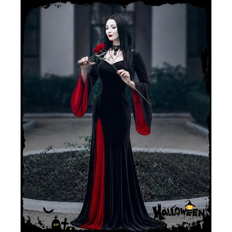 Morticia Addams black velvet gown costume on model, front view