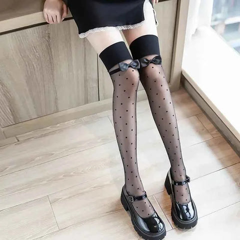 Japanese Style Thigh High Stockings Long Socks Women Cute Sweet Girls Lolita Bow Over Knee Socks Polka Dot Summer Nylon Stocking