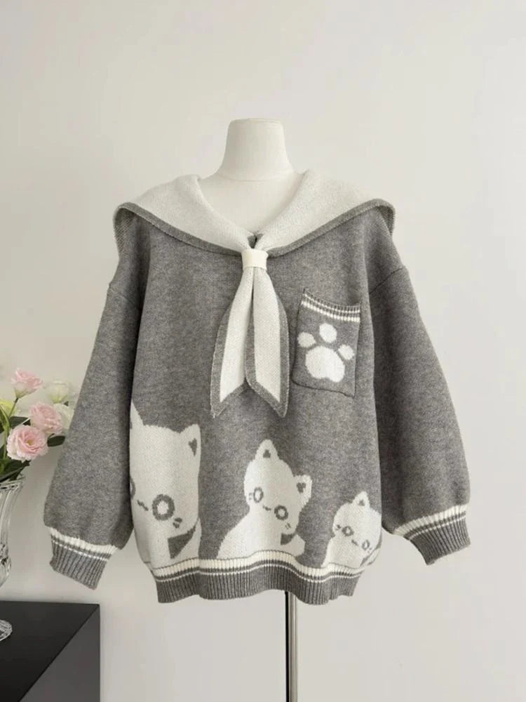 Preppy Style Grunge Kawaii Cute Cat Jacquard Sweaters Women - Vusy Kawaii Shop