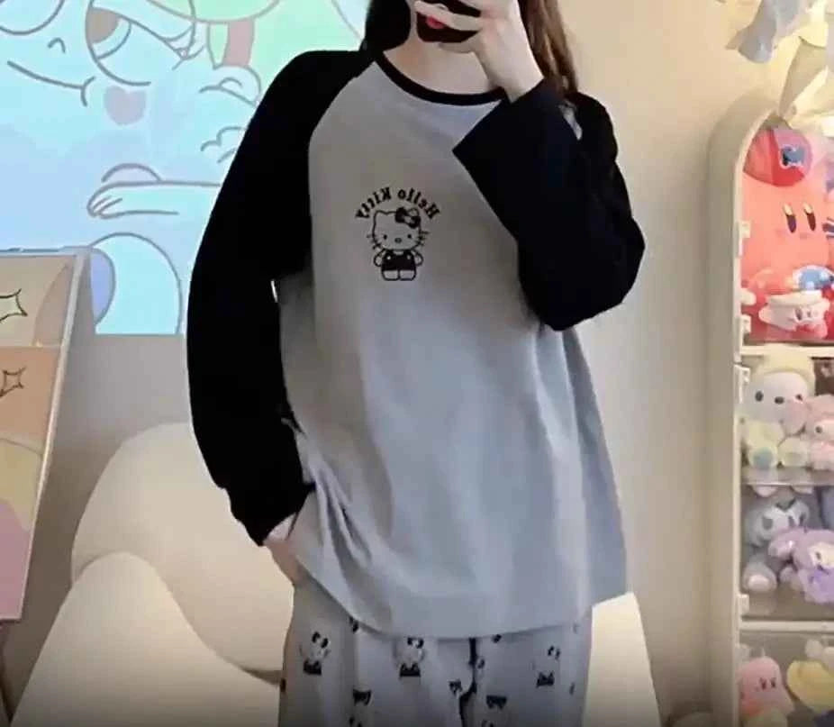 Kawaii Sanrios Hello Kitty Women's Pajamas Set Anime Cartoon Students Autumn Winter Polyester Long Sleeved Girls Nightwear Gift