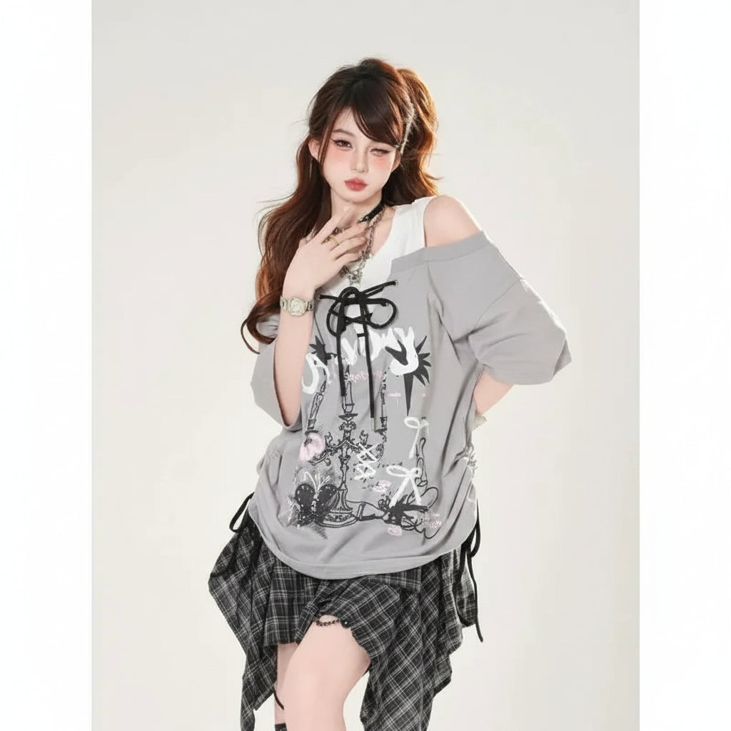 Fake Two Piece Spliced Graffiti Printed Short Sleeve - Vusy Kawaii Shop