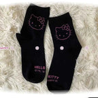 3 Pairs Female Y2K Hello Kitty Socks for Girls Medium Socks Kawaii Sanrio Accessories Socks Women Rosered Black White Sock
