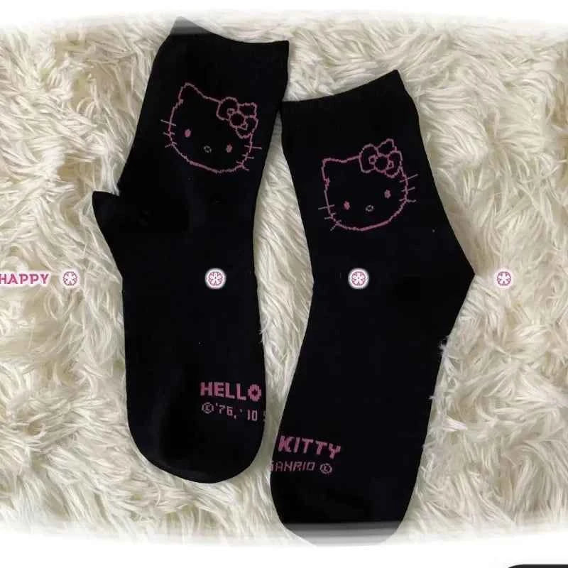 3 Pairs Female Y2K Hello Kitty Socks for Girls Medium Socks Kawaii Sanrio Accessories Socks Women Rosered Black White Sock