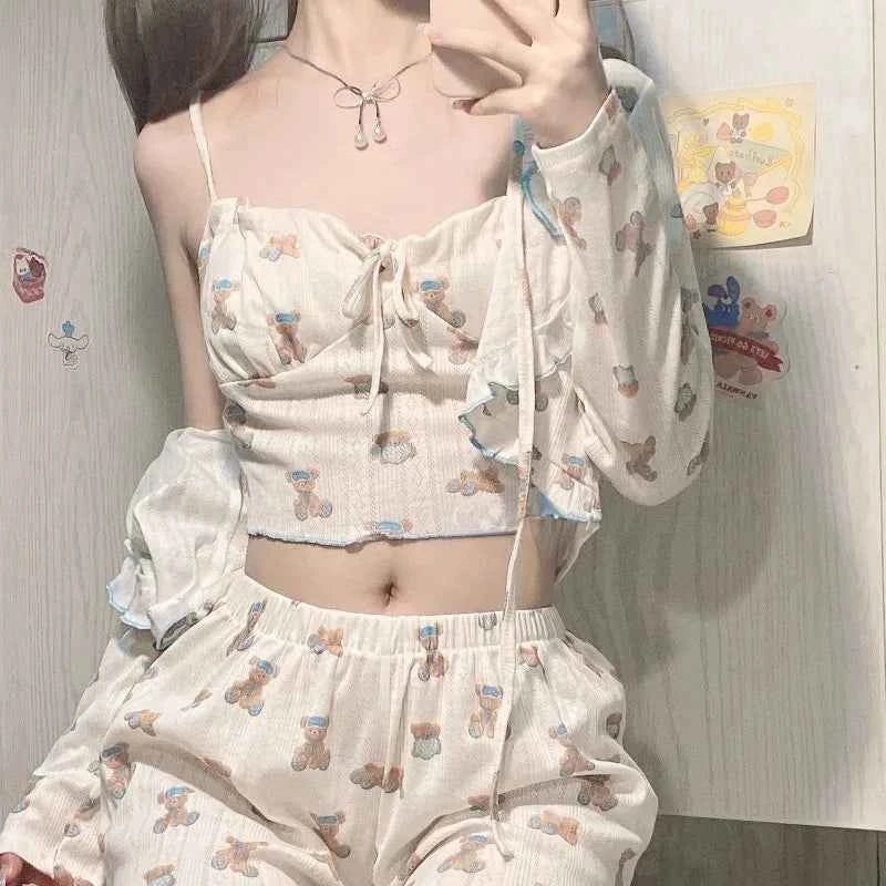 Summer Sweet Cartoon Bear Print Lolita Pajamas 3 Piece Sets Women Loose Shorts Sexy Sling Vest Suit Girls Home Clothes Pyjamas