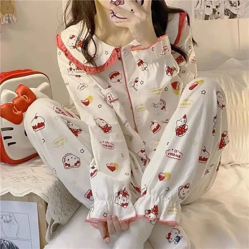 Anime Sanrioed Hello Kittys Pajamas Set Women's Clothing Kawaii Cartoon Kuromi Long Sleeves Student Home Wear Nightgown Suit