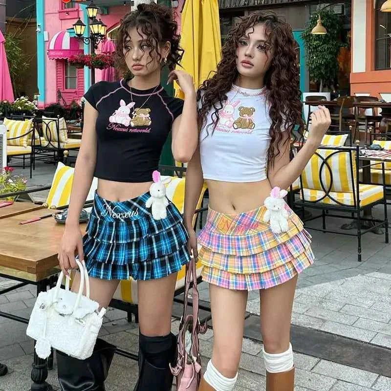 American Colored Plaid Skirt Sexy Low-Waist A-Line Cake