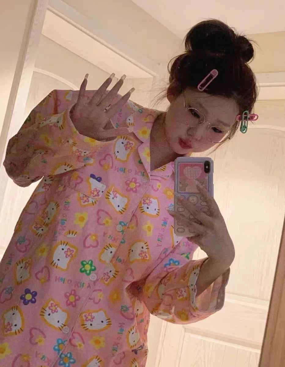 2Pcs Anime Sanrioed Hello Kittys Pajamas Kuromi Kawaii Cartoon Cinnamoroll Loose Sleepwear Pajamas Sets Home Clothes Girl Gifts