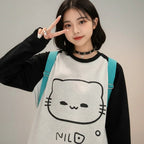 Women Clothing Cartoon Oversized T Shirts Long Sleeve O-neck - Vusy Kawaii Shop