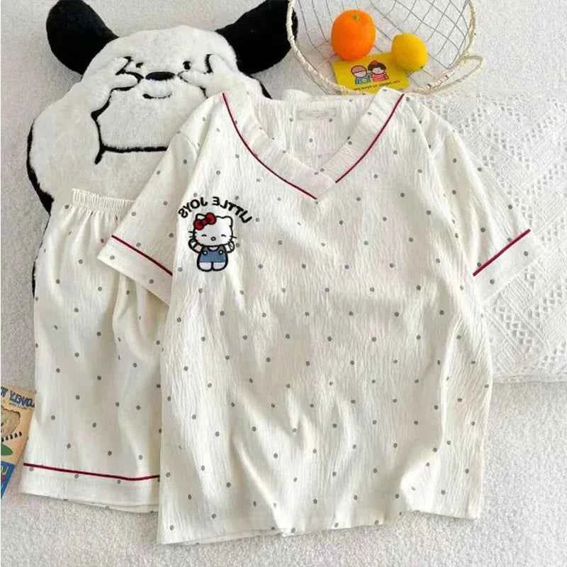 Sanrio Fashion Casual Cute Sweet Polka Dot Home Cartoon Cat Shorts Short-Sleeved Pajamas Suit For Women