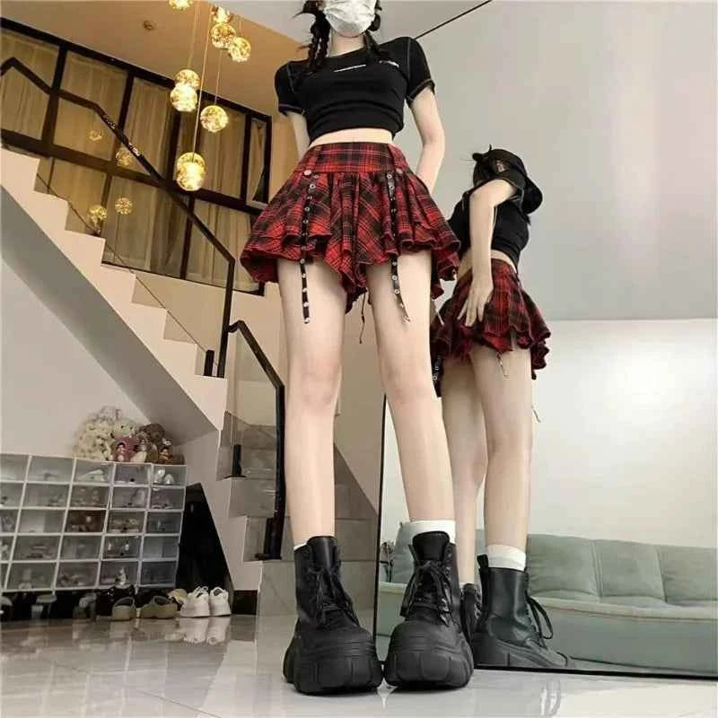 Red Plaid Pleated Skirt Summer Irregular High Waist A-line