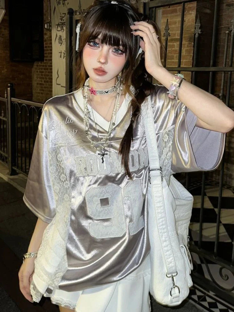 American Lace Embroidered Sports Jersey T-Shirts Harajuku - Vusy Kawaii Shop