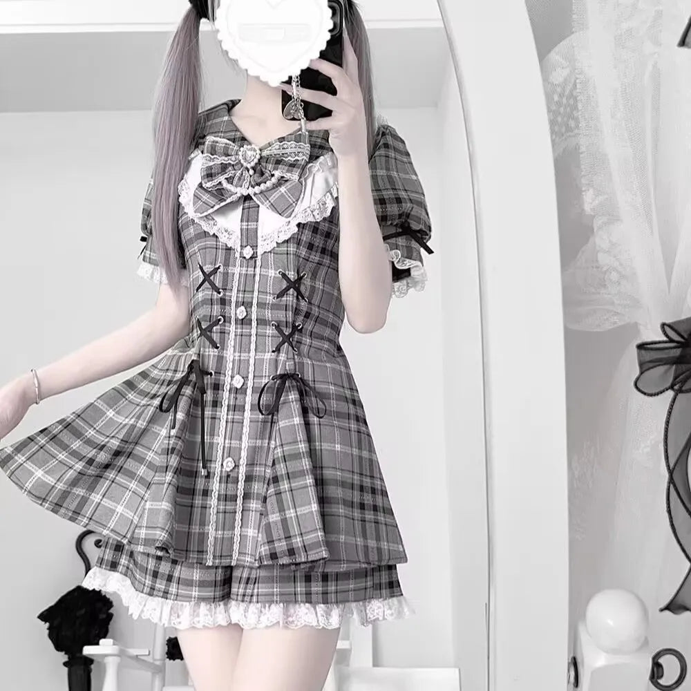 Kawaii Short Sleeve Skirt Sets Women Aesthetic Slim - Vusy Kawaii Shop