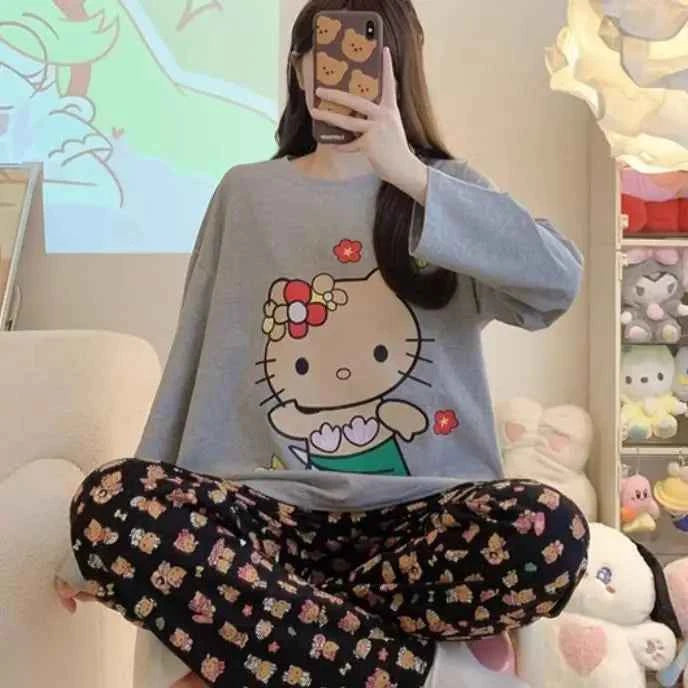 Kawaii Sanrios Hello Kitty Women's Pajamas Set Anime Cartoon Students Autumn Winter Polyester Long Sleeved Girls Nightwear Gift