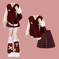 Burgundy Cable Knit Vest Shirt and Plaid Skirt Set