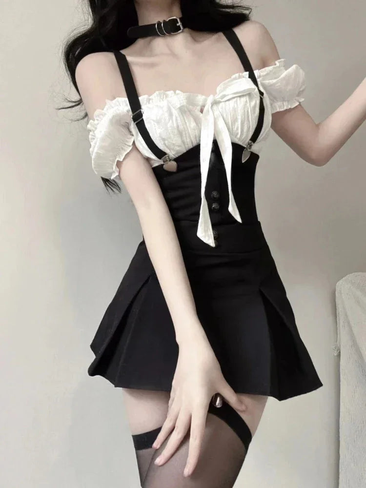 Chic Two Piece Dress Sets Summer Black Bodycon Dress Crop - Vusy Kawaii Shop