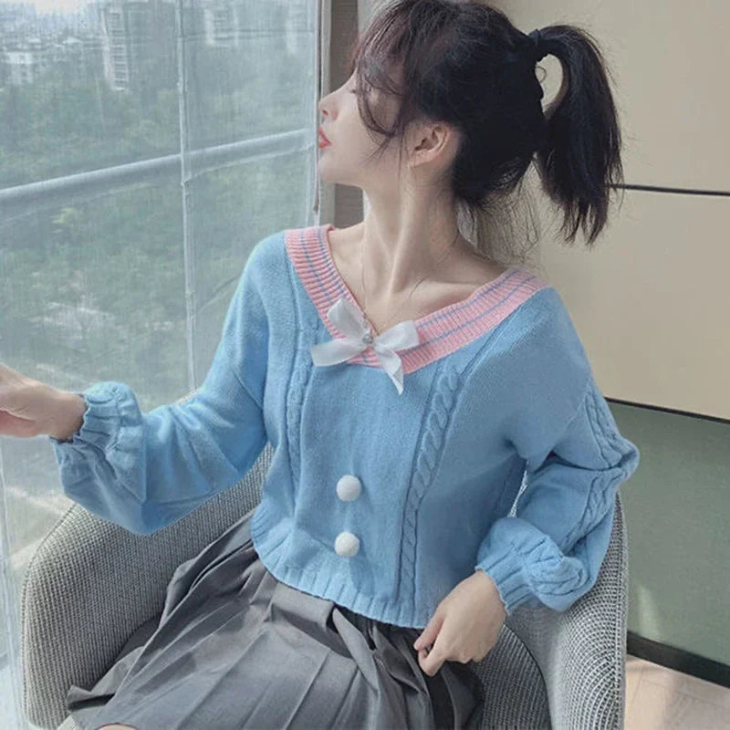 Sweet Autumn Lantern Sleeve V Neck Pullovers Wild Knitted - Vusy Kawaii Shop