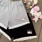 Japanese Cartoon Cat Embroidery Lotus Leaf Edge Shorts