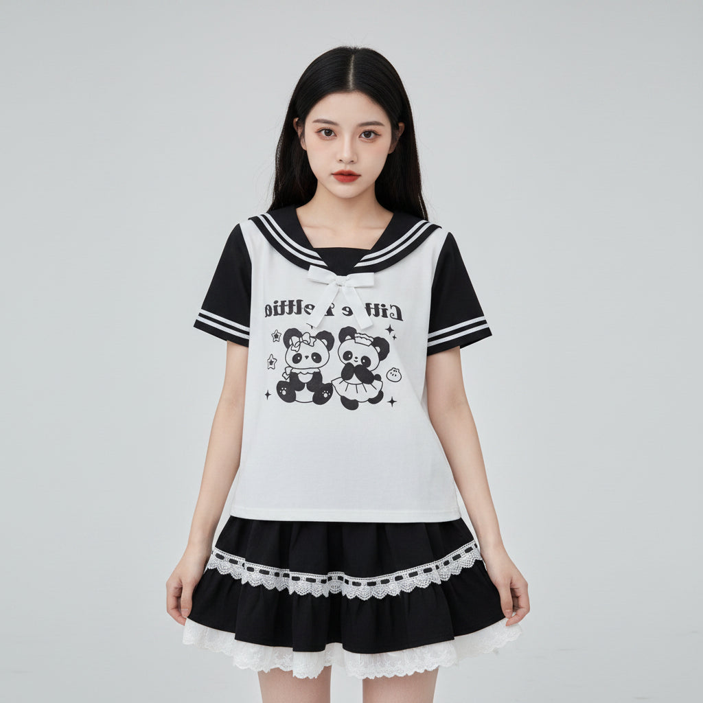 Aesthetic Preppy Short Sleeve T-Shirts Contrast Color Salior - Vusy Kawaii Shop